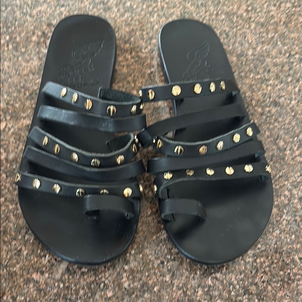 Ancient Greek Sandals Black and Gold Slide Sandals-6-EUC